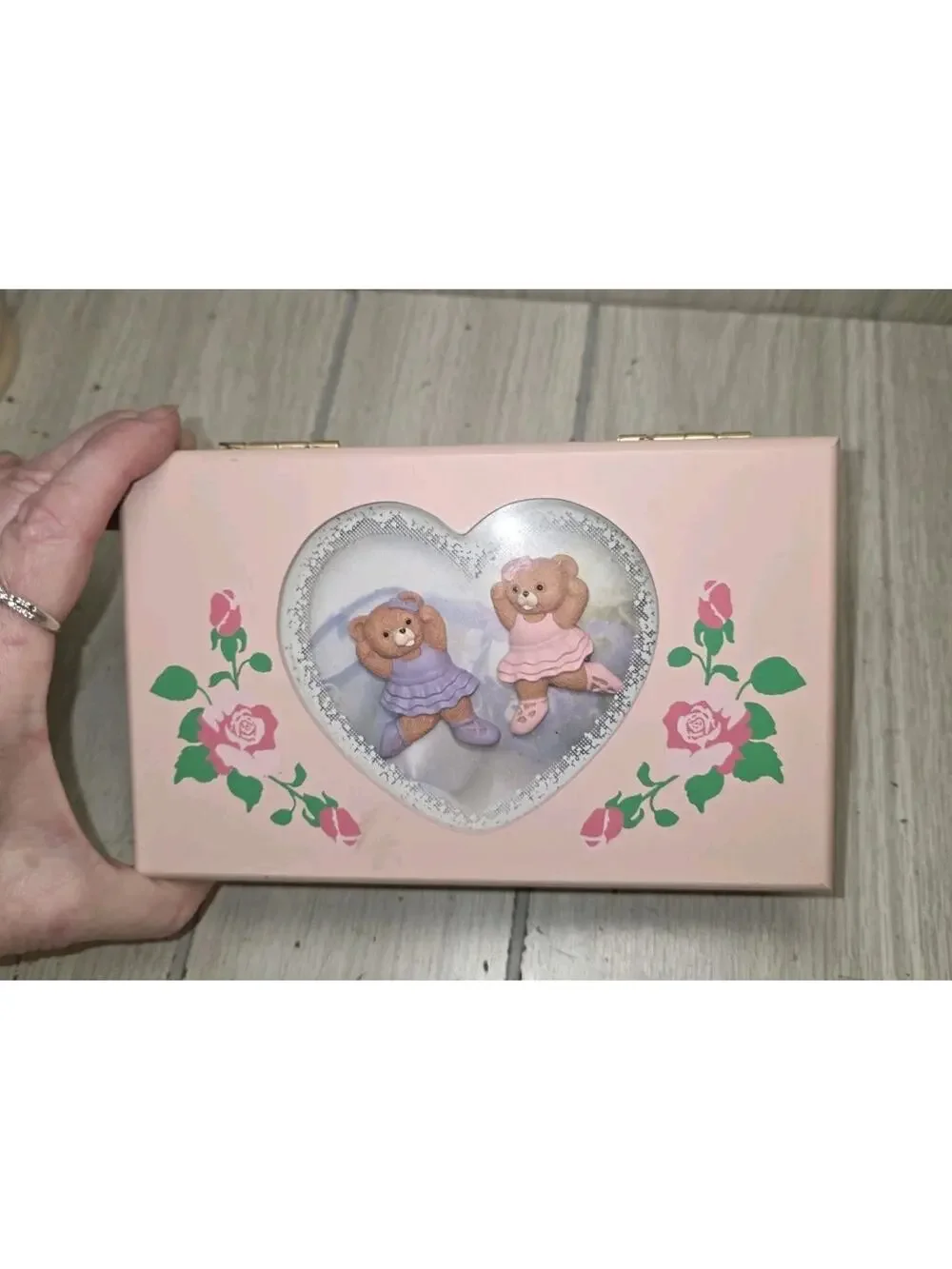 Vintage Wooden Jewelry Box Pink Ballerina Bears Painted Flowers Mirror Childs
